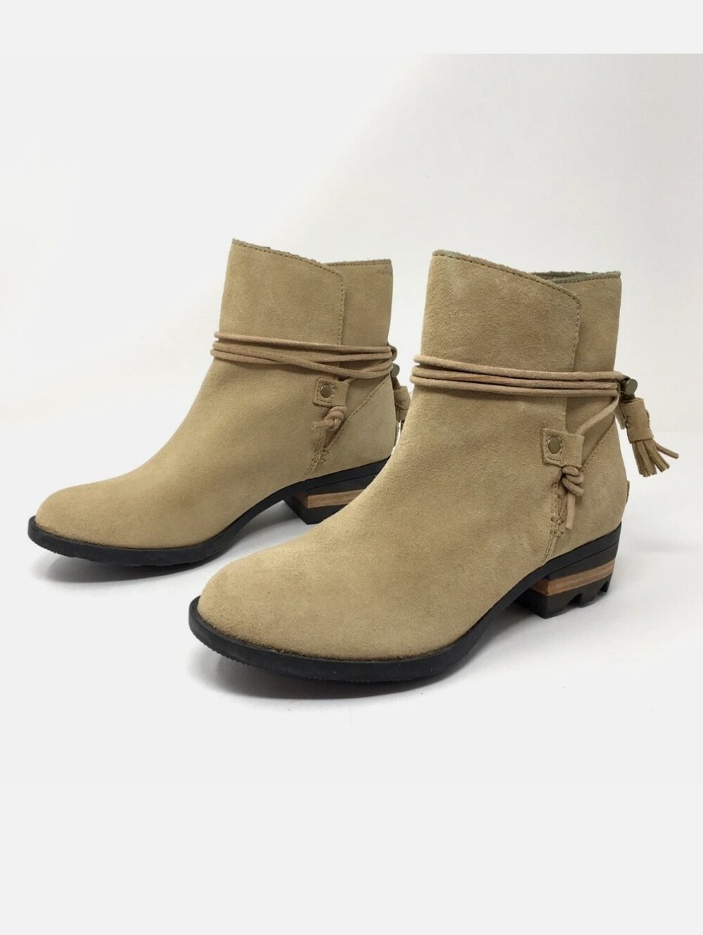 Sorel Farah Short Tan Suede Wrap Ankle Booties